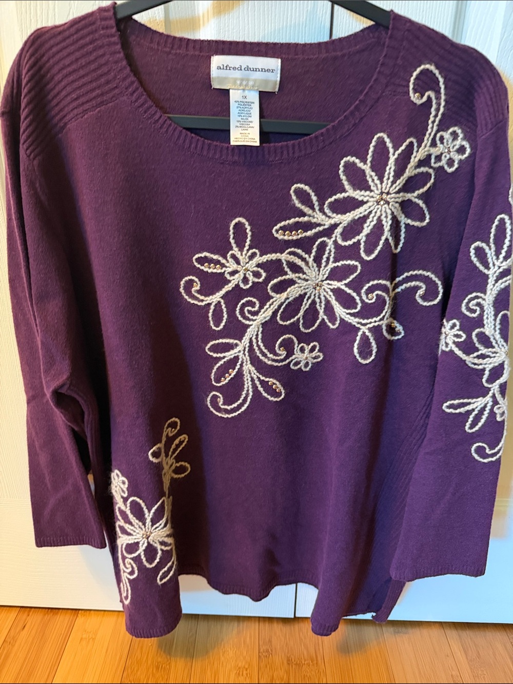 Alfred Dunner Plum Crewneck Sweater with Cream Floral Applique